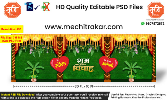 Editable PSD of a traditional Indian wedding backdrop featuring banana trees, golden floral curtains, and a lush green background for marriage and festive events.