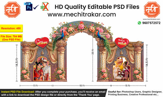 Editable Wedding Entry Gate PSD Template – Floral Arch with Peacock & Couple Portraits – 40x20 ft Indian Wedding Kaman Design