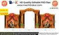 Editable Traditional Wedding Entry Gate PSD – Golden Arch with Drapes, Tulsi Pot, Decorative Pillars & Couple Portrait – 40x16.5 ft