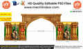 Editable Traditional Wedding Entry Gate PSD Template – Gold Arch with Decorative Pillars, Floral Backdrop & Couple Photo – 34x14.5 ft