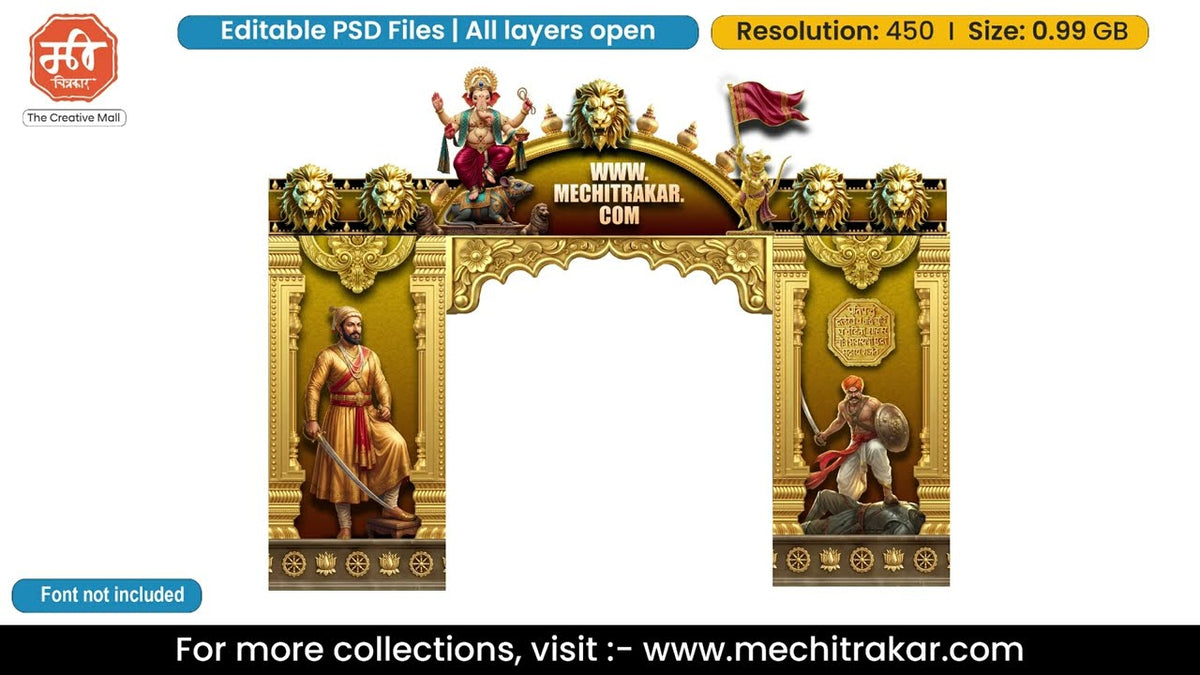Ganesha Shivaji Maharaj Statue Lion Flag Entry Gate Editable PSD Template for Pandal Decoration