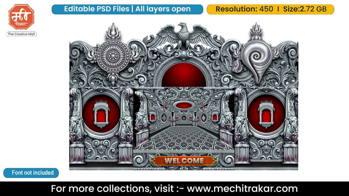 Shri Hari Vishnu Six Side Decoration Editable PSD Template | Silver Garuda Sudarshan Chakra Theme Based Design for Designers