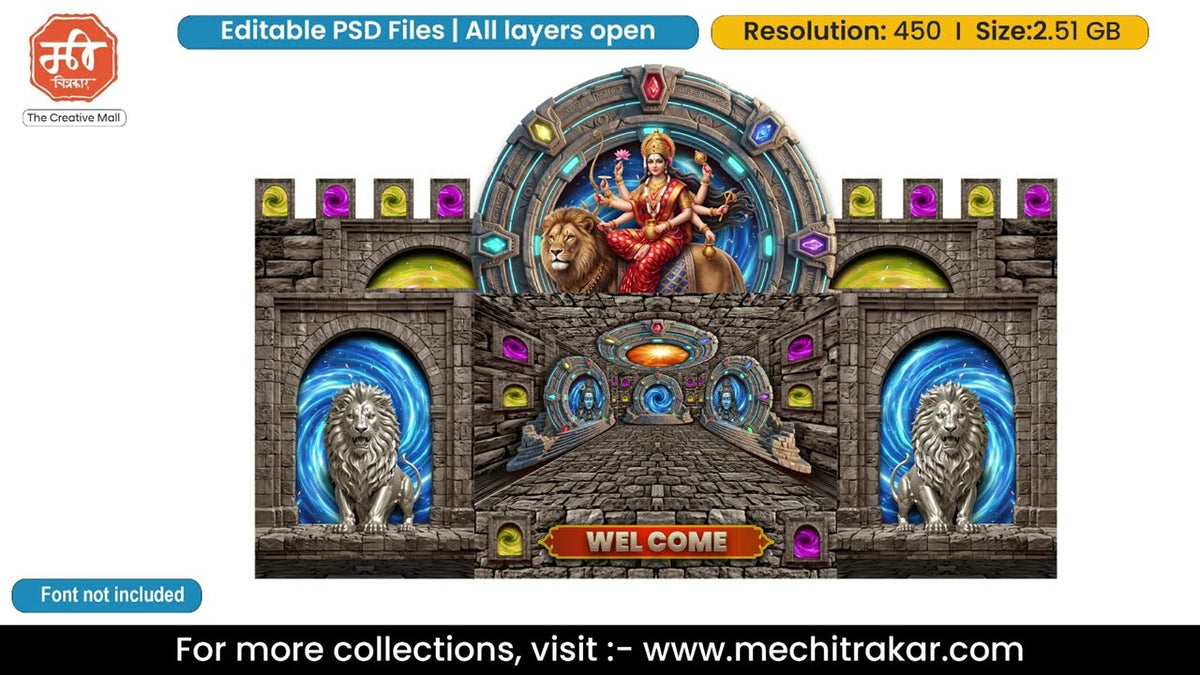 Maa Sherawali Durga Six Side Decoration Editable PSD Template | Glowing Stone Fort Portal Theme Based Design for Designers