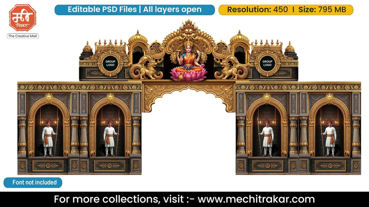 Shri Mahalakshmi Lotus Throne Golden Palace Theme Pandal Gate Editable PSD Template