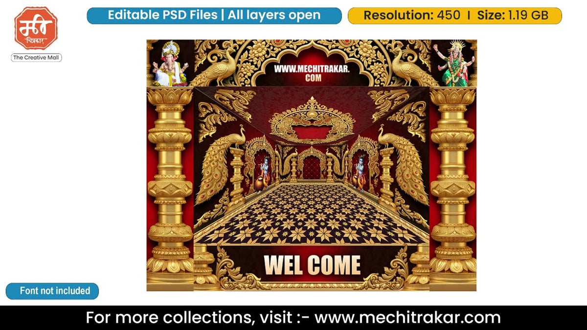 Peacock Mahal Entry Gate Editable PSD Template with Shri Krishna, Ganesh and Maa Durga