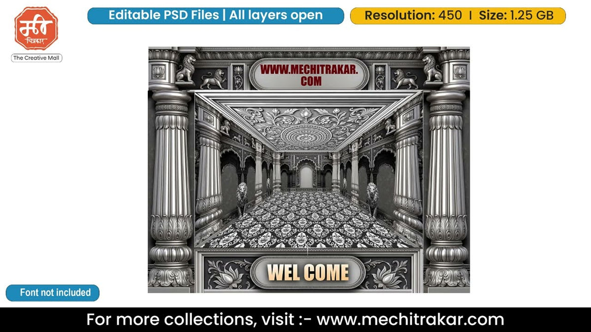 Crimson Gold Elephant Palace Entry Gate Editable PSD Template with Ganpati Bappa and Maa Durga