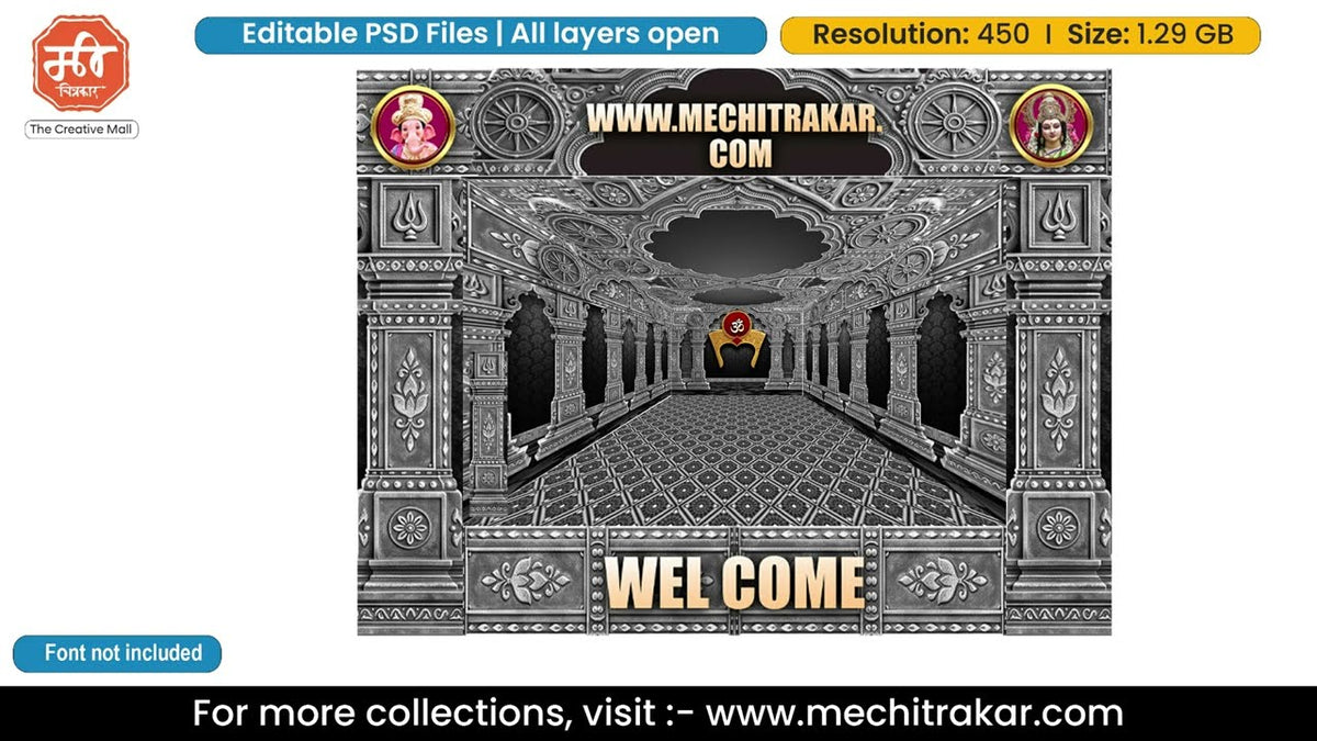 Silver Stone Temple Entry Gate Editable PSD Template with Om, Trishul, Ganesh and Maa Durga