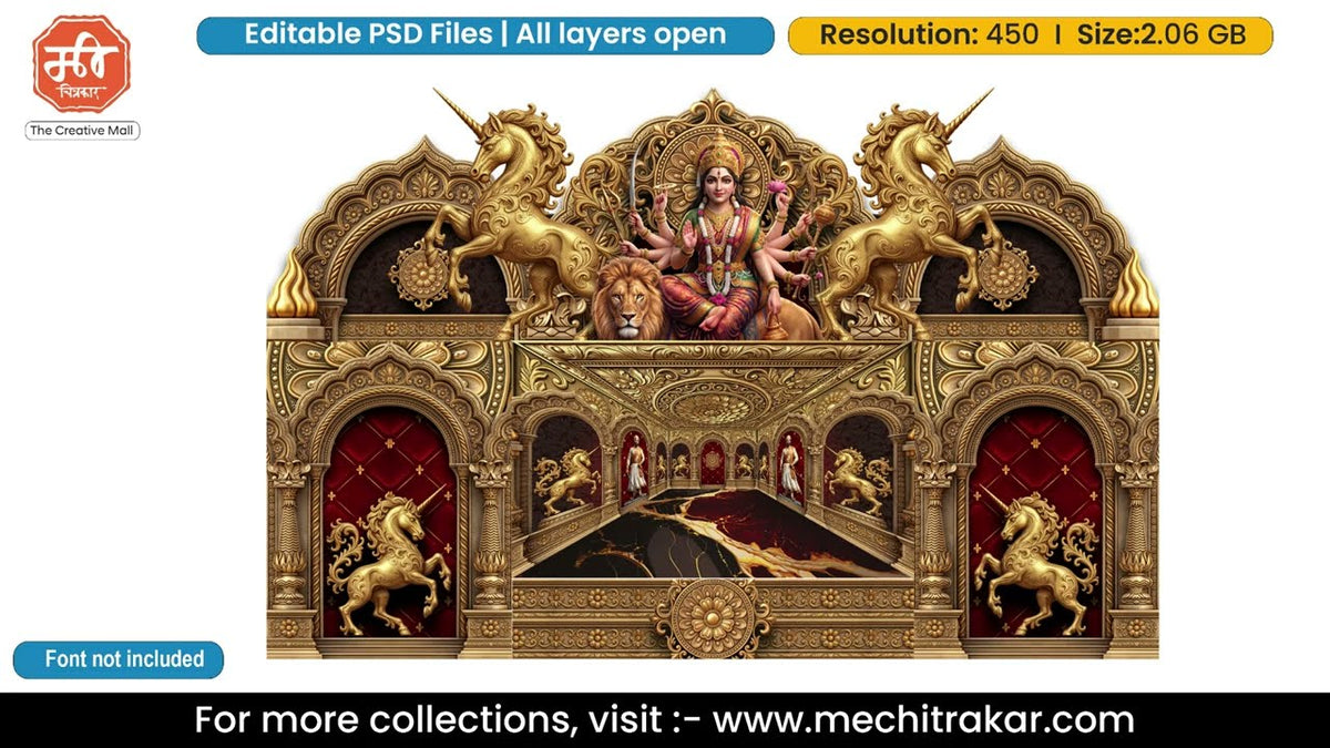 Maa Durga Mahishasuramardini Six Side Decoration Editable PSD Template | Golden Steed Royal Court Theme Based Design for Designers