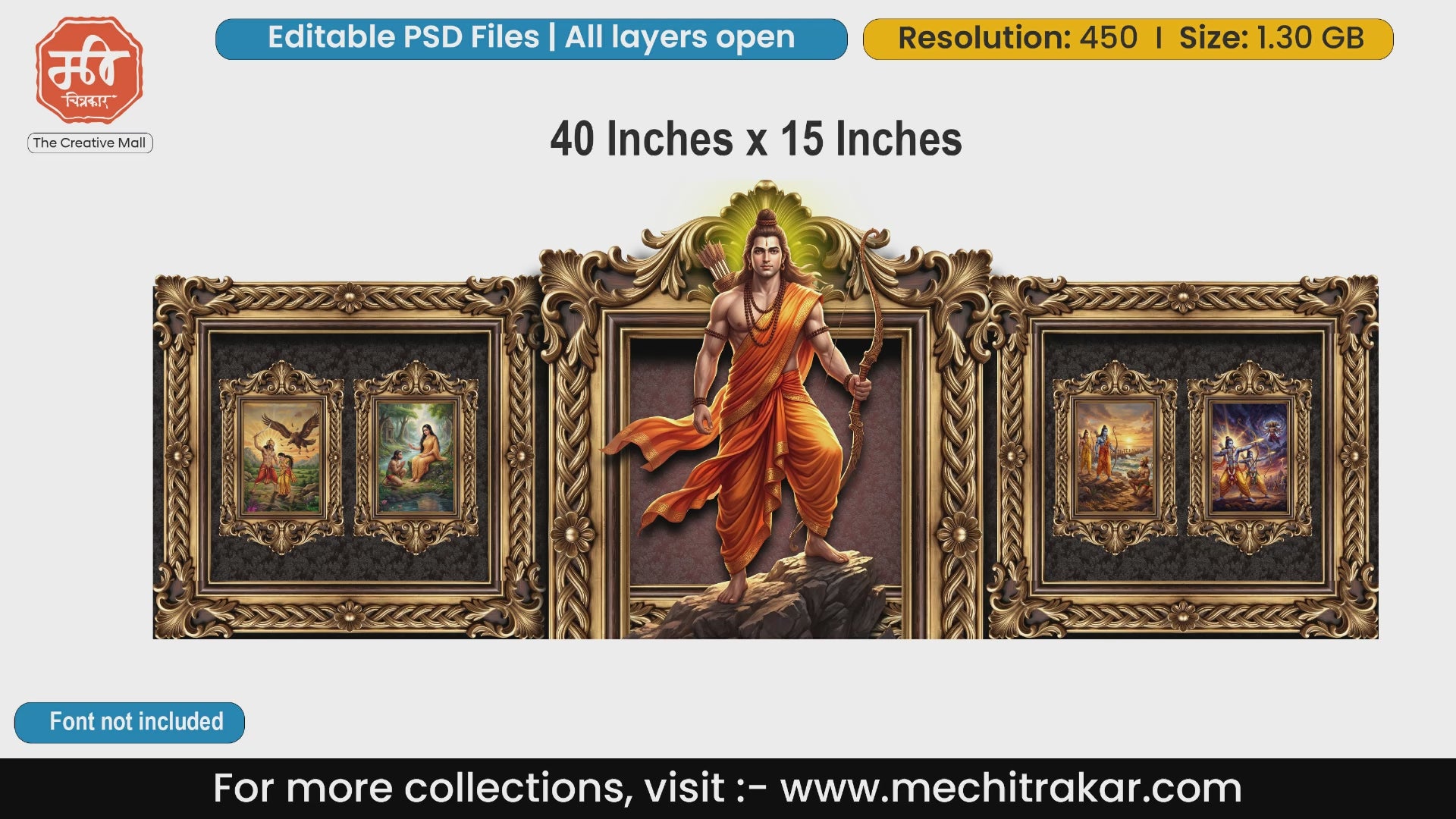 Lord Rama backdrop PSD featuring Shri Ram with a bow and golden carved frames depicting Ramayana scenes for stage decoration.