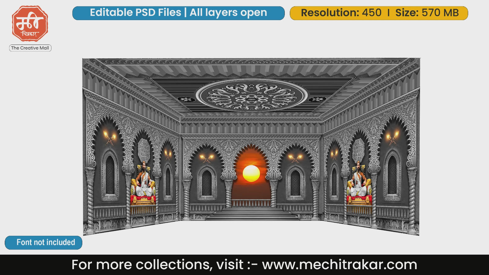 Magnificent Chhatrapati Shivaji Maharaj darbar with sunset background 4 Side Decoration editable psd template for historic stage designs.
