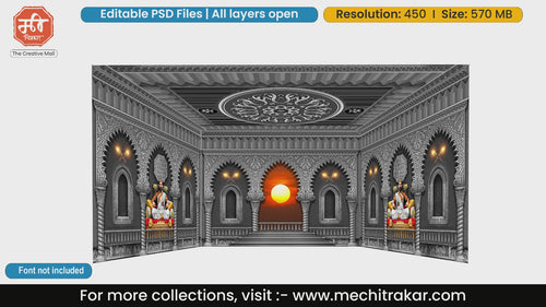 Magnificent Chhatrapati Shivaji Maharaj darbar with sunset background 4 Side Decoration editable psd template for historic stage designs.