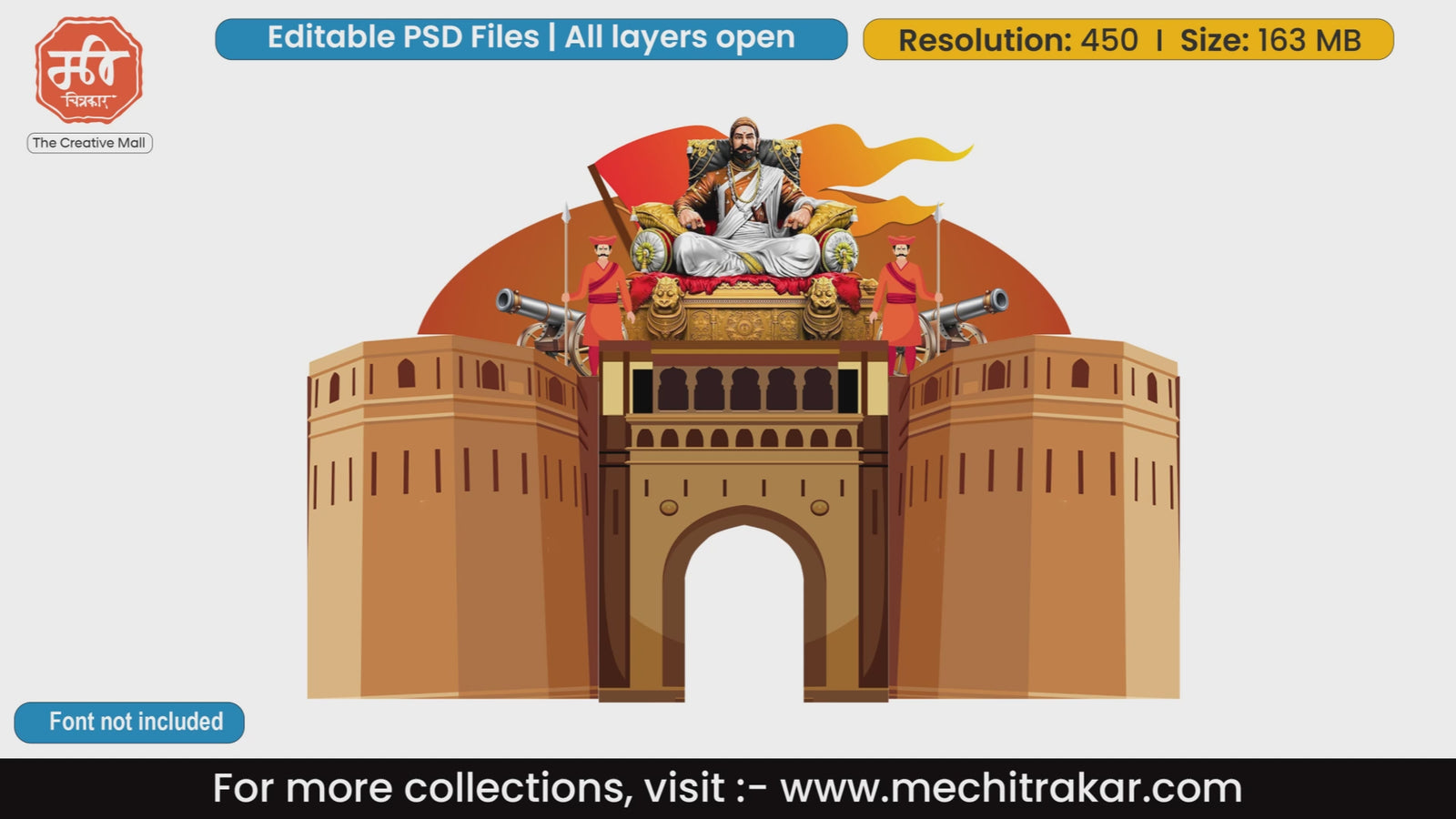 Majestic Rajgad Fort entry gate template featuring Chhatrapati Shivaji Maharaj on throne, editable PSD.