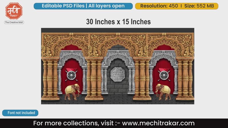 Luxurious golden carved pillars with red drapes, royal elephants, and the prestigious Rajmudra