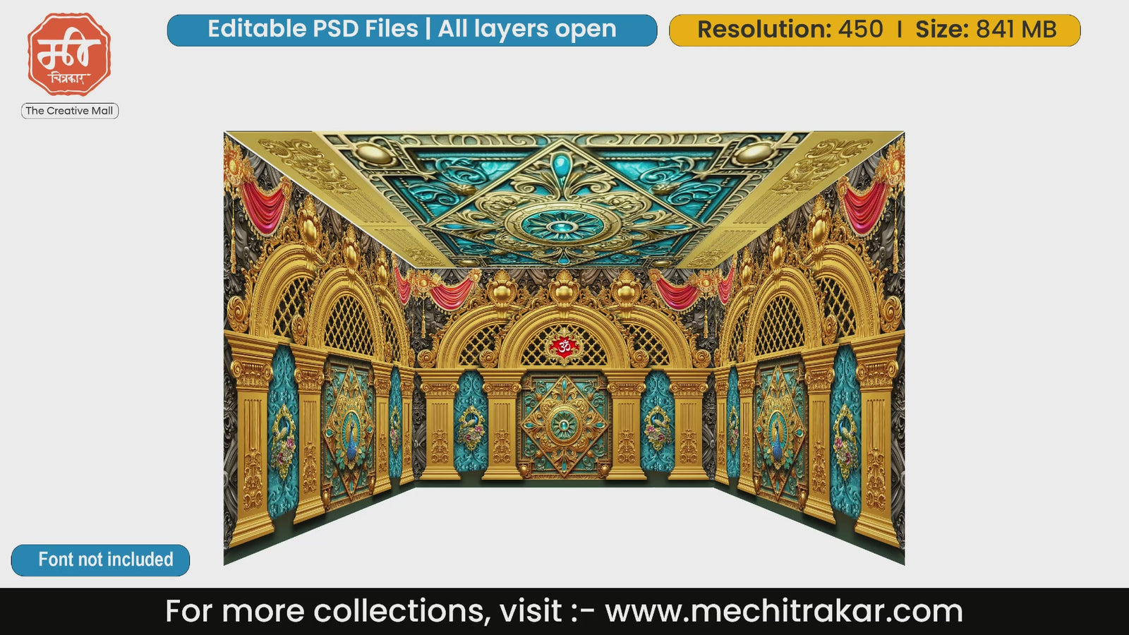 Ornate cyan and gold peacock 4 Side Decoration editable psd template for premium decor