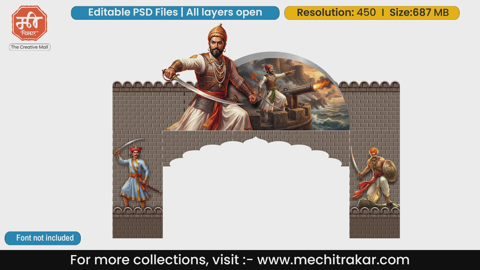 Editable PSD template of Shivjayanti entry gate featuring Chhatrapati Shivaji Maharaj with cannons and Mawale on a fort background