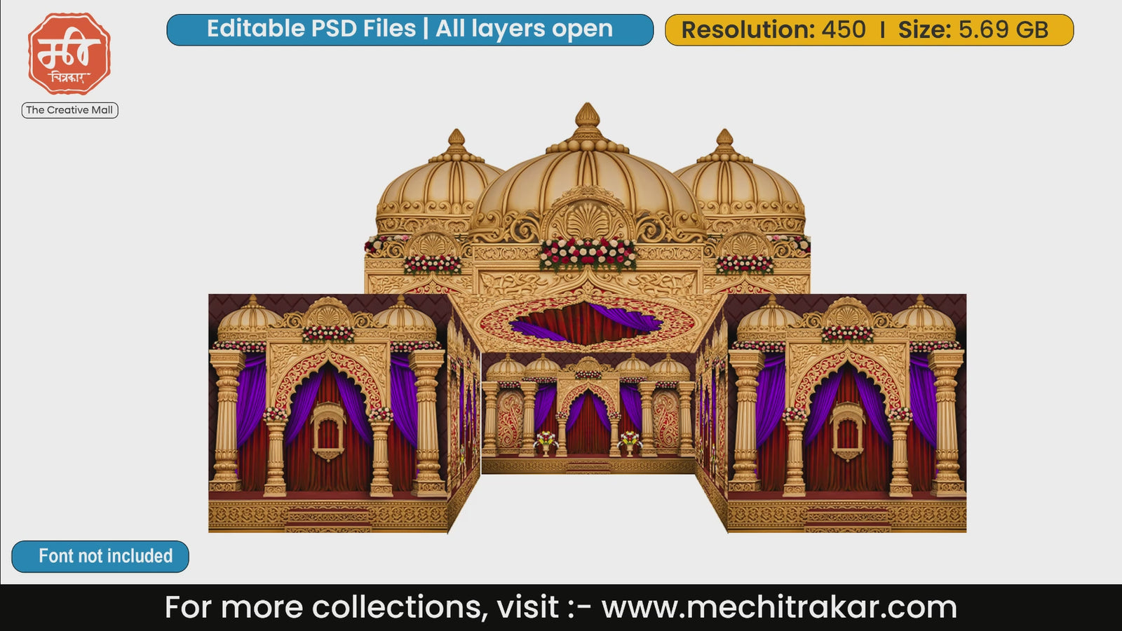 Golden Domed Royal Palace Pandal Backdrop Editable PSD Template