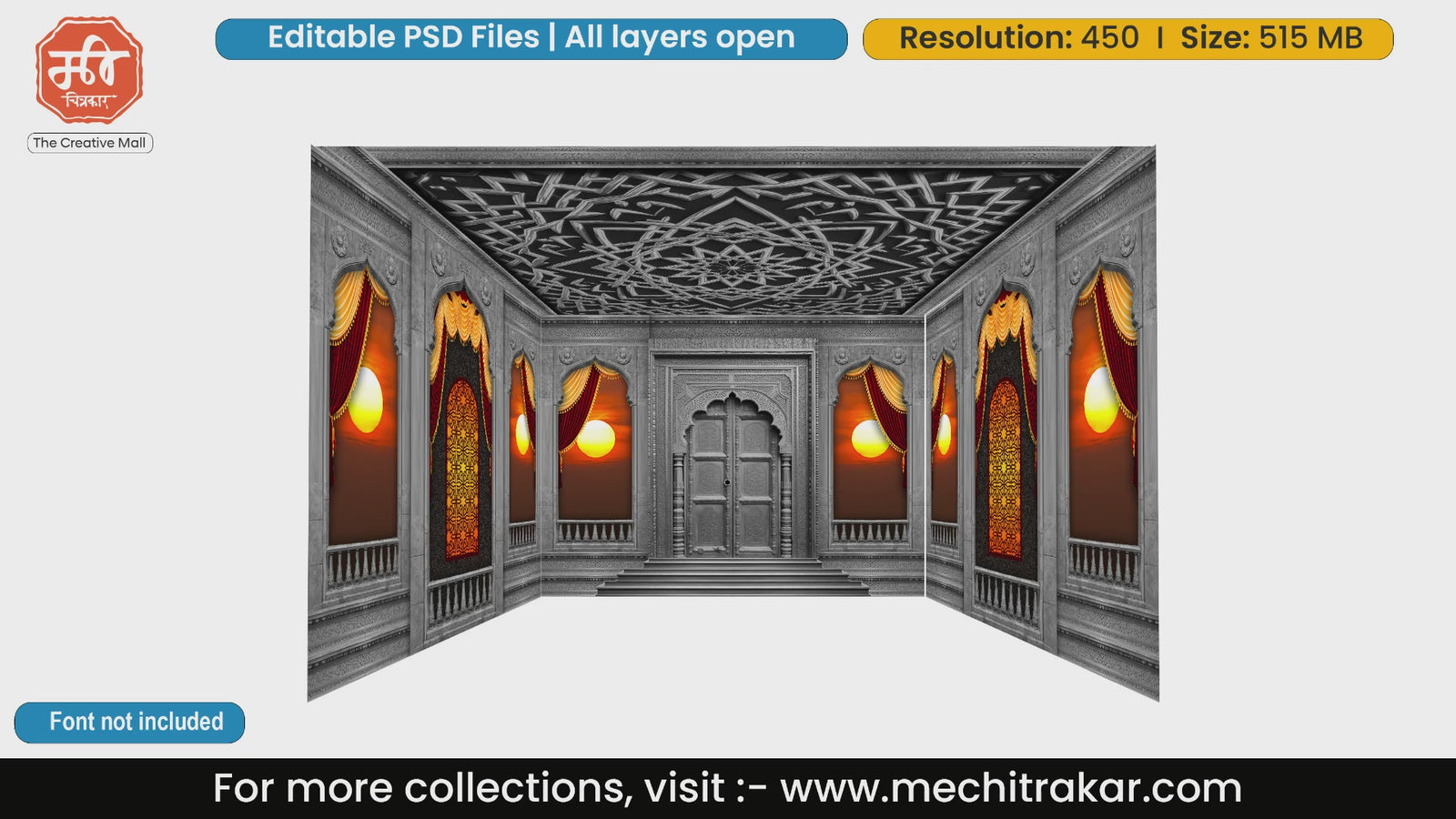 Heritage grey stone fort 4 Side Decoration editable psd template with glowing sunset
