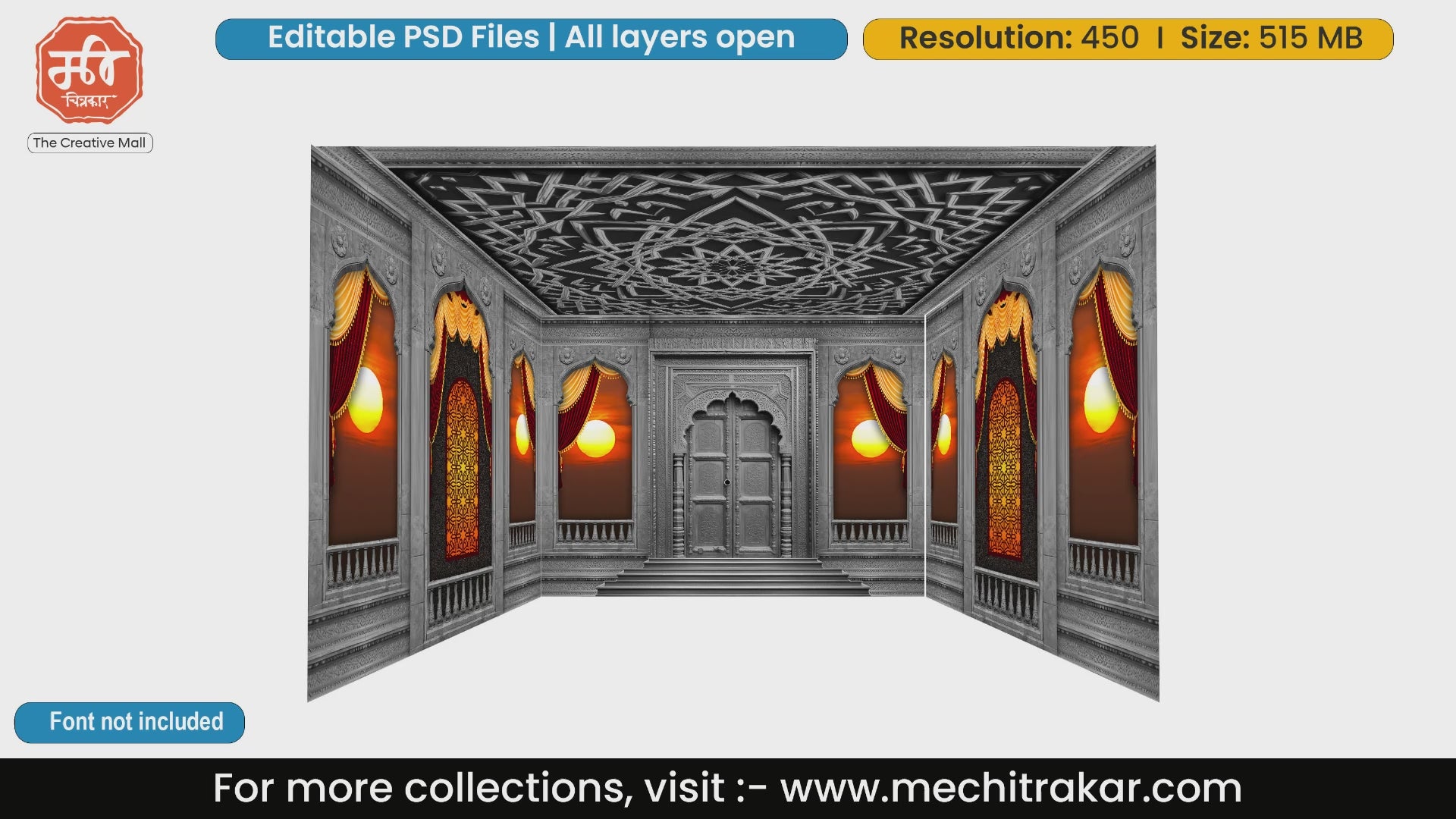 Heritage grey stone fort 4 Side Decoration editable psd template with glowing sunset