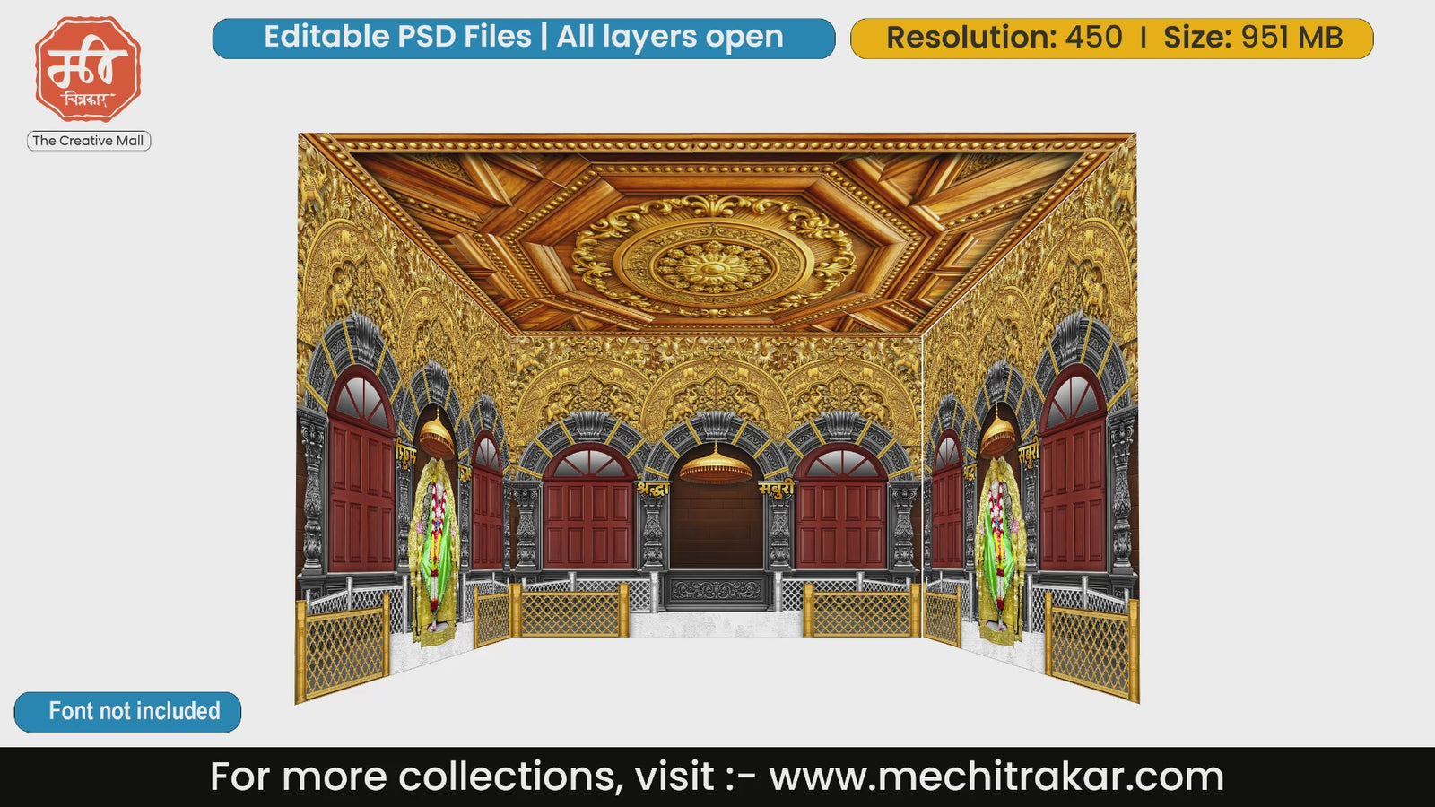 Exquisite wooden and golden Sai Baba darbar with intricate ceiling carving details