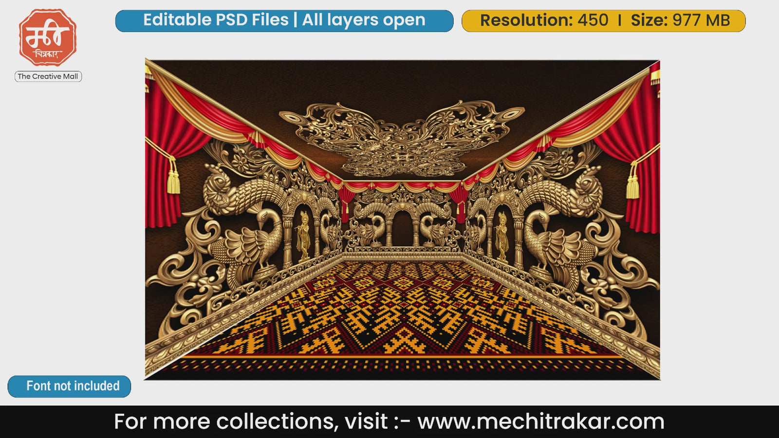 Radha Krishna Golden Peacock Grand Mandap Editable PSD Template for Print Media Designers