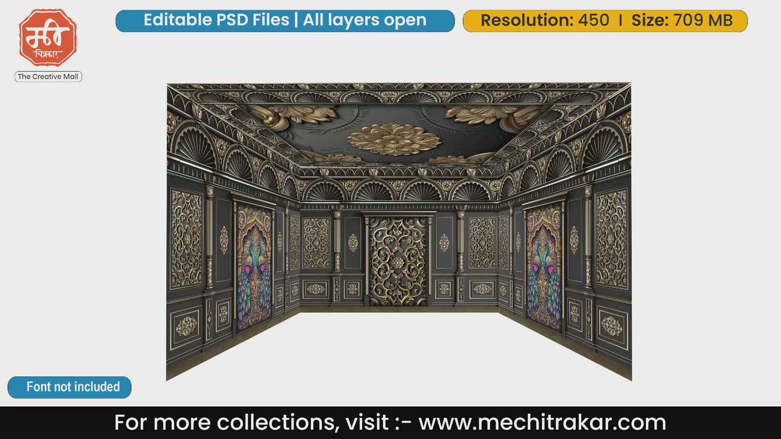 Premium black and gold royal theme with detailed peacock doors and intricate carvings