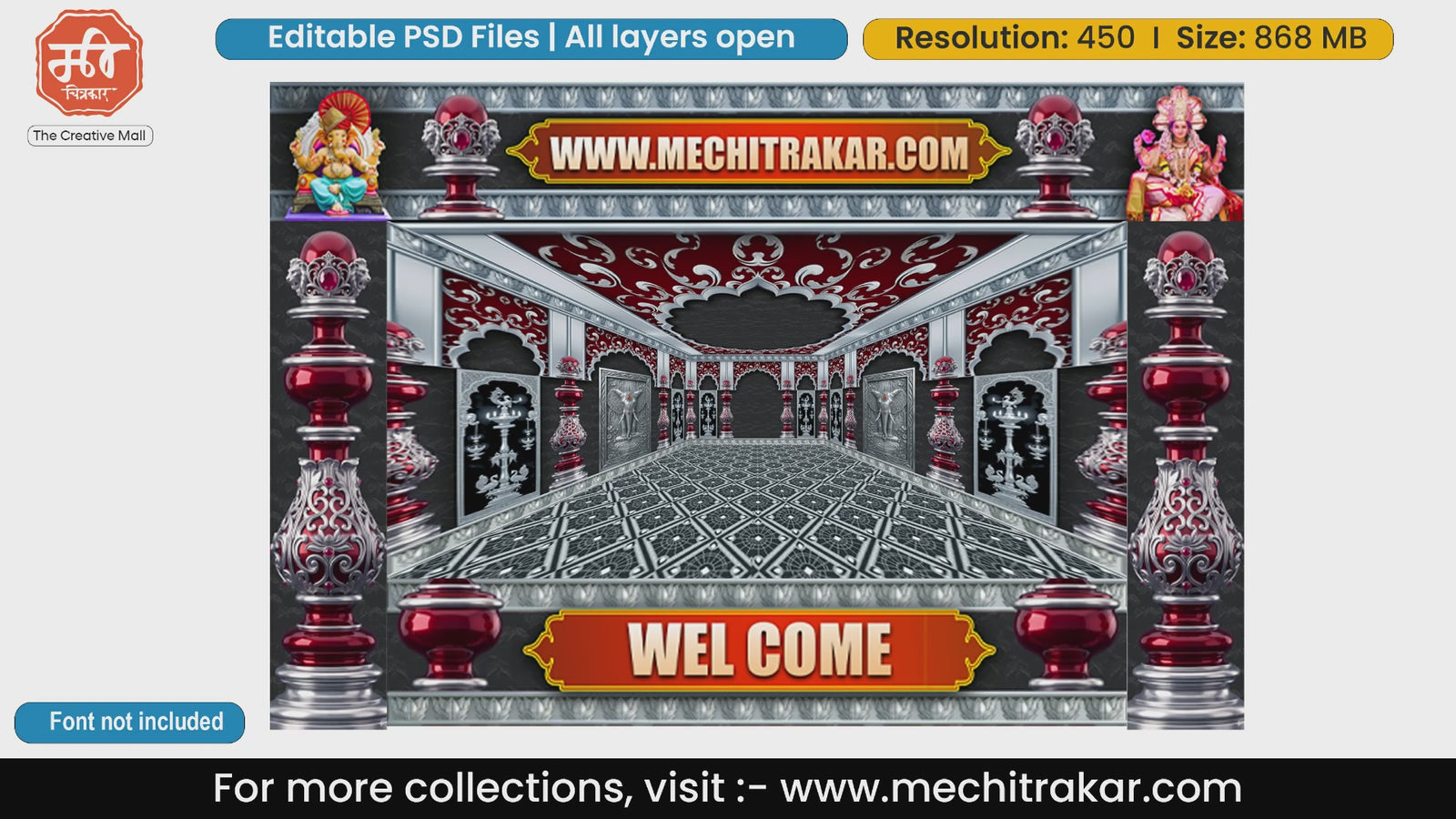 Silver Red Ganesh Devi Welcome Gate Design Editable PSD Pandal Decoration Template