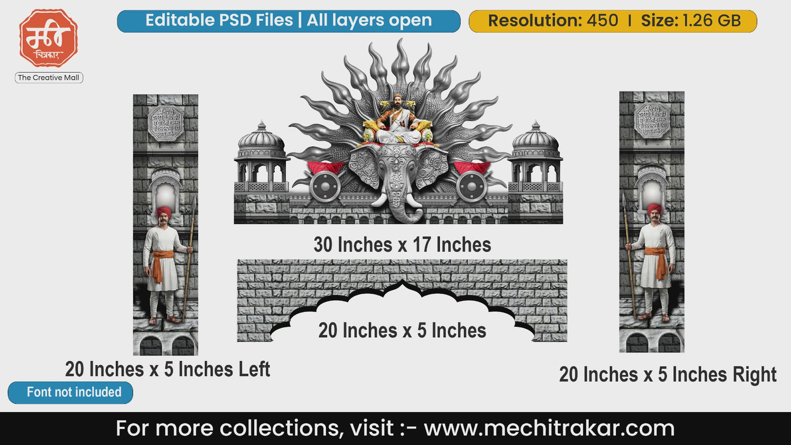 Editable PSD template of Shivjayanti entrance gate featuring a majestic silver elephant head, Chhatrapati Shivaji Maharaj, and traditional Mawale guards.