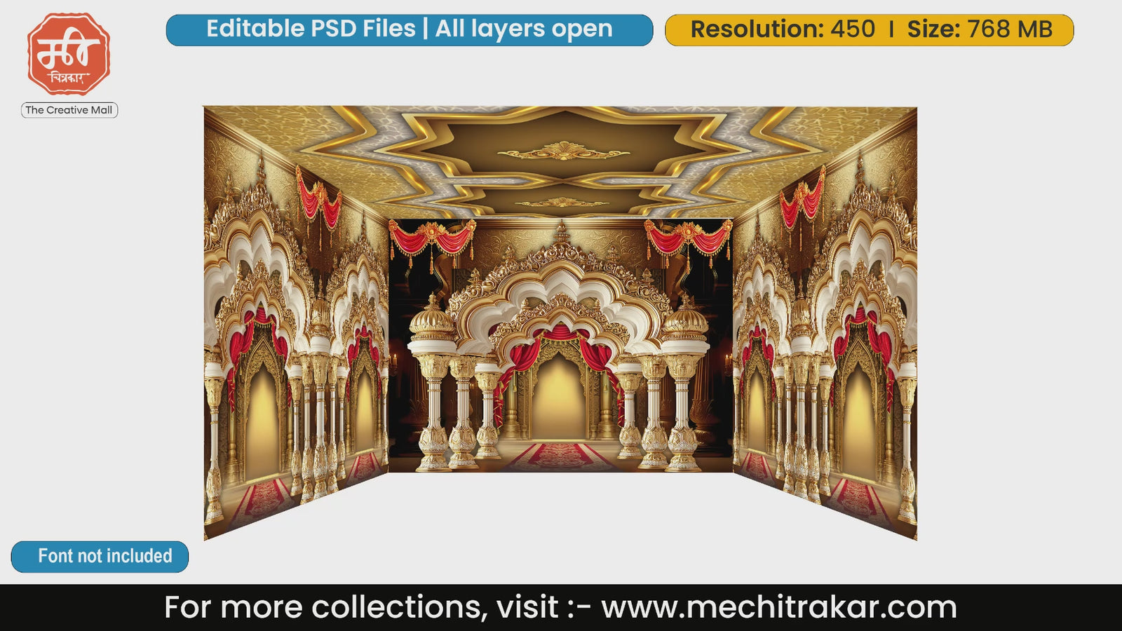 Grand white marble and gold arches wedding mandap 4 Side Decoration editable psd template