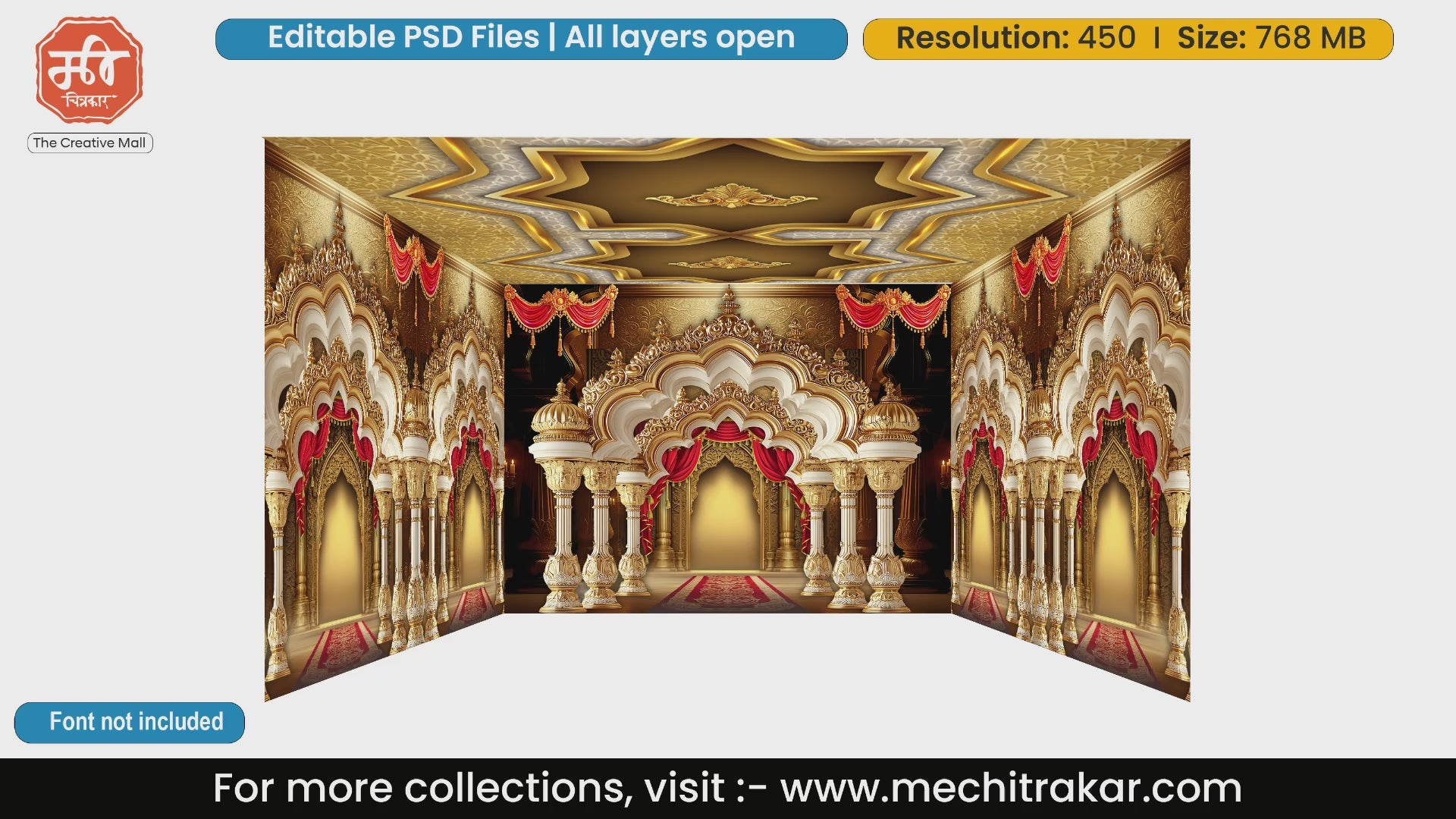 Grand white marble and gold arches wedding mandap 4 Side Decoration editable psd template