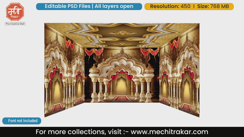 Grand white marble and gold arches wedding mandap 4 Side Decoration editable psd template