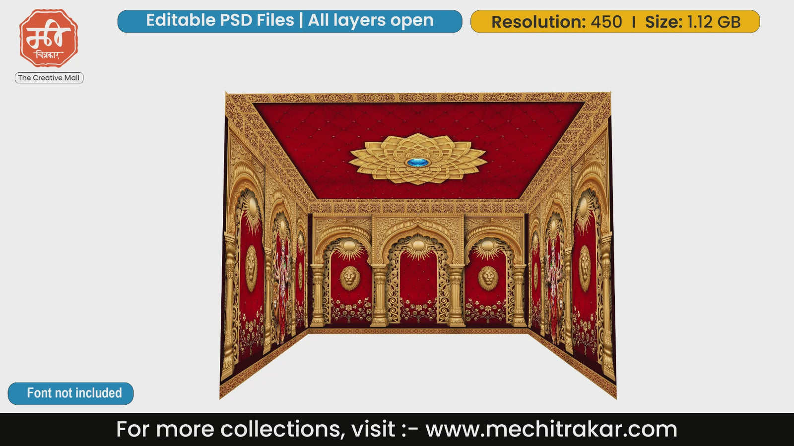 Deep red tufted ceiling and golden lion motifs inside a regal 4 Side Decoration editable psd template for agencies.