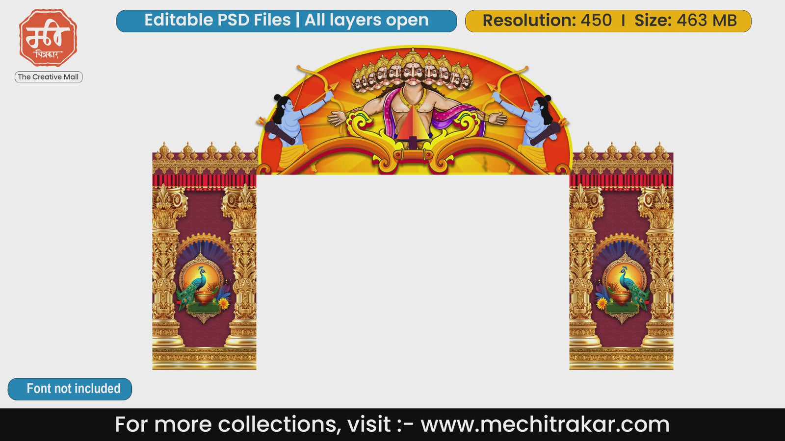 Dussehra theme ten-headed Ravana and Shri Ram aiming bow entry gate editable PSD template with royal red pillars and peacocks.