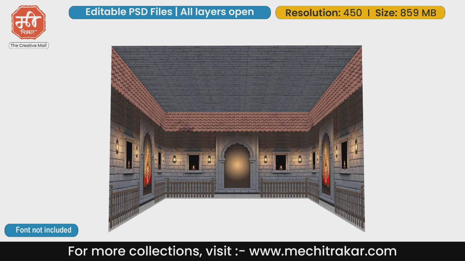 Rustic ancient stone courtyard with glowing lamps designed as a 4 Side Decoration editable psd template for events.
