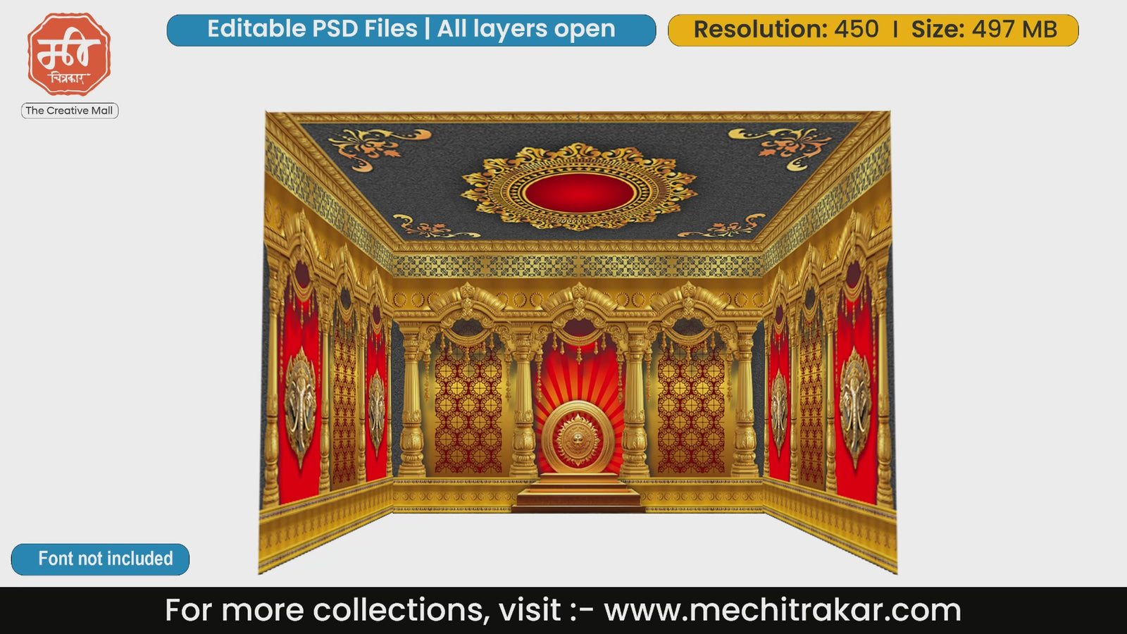 Royal golden throne with Ganesha pillars 4 Side Decoration editable psd template designed for traditional Indian ceremony backdrops.