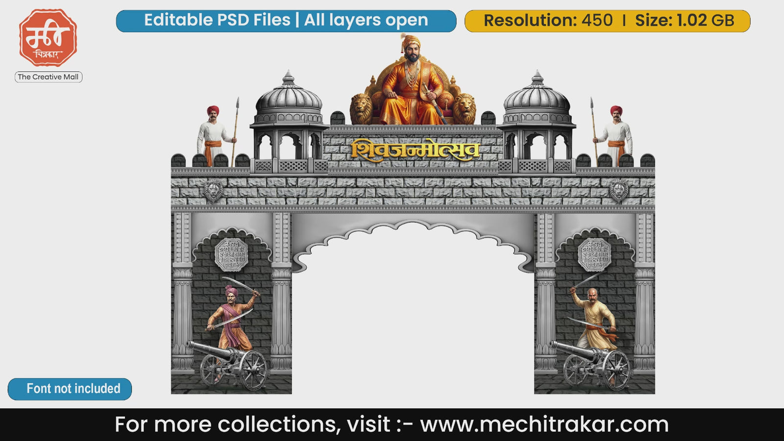 Stone fort entry gate for Shivjanmotsav with Chhatrapati Shivaji Maharaj on throne and Maratha guards.