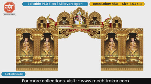 Grand golden entry gates editable psd template featuring traditional Maharashtrian tutari players with majestic royal elephant carvings and intricate festive ornamentation