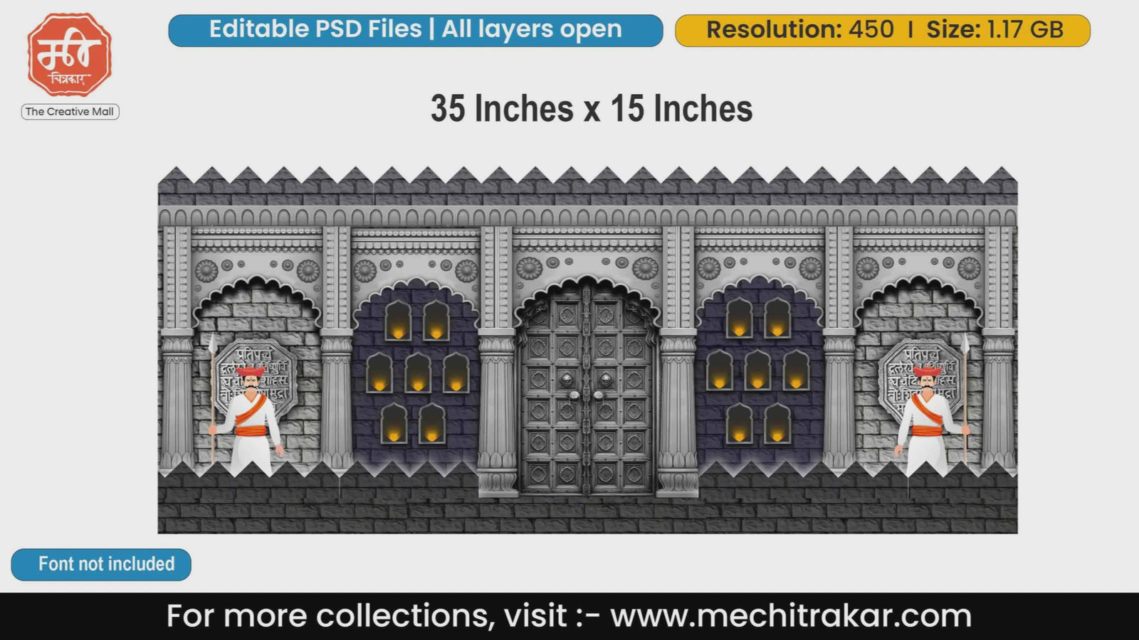 Intricately carved wooden doors within a stone archway, flanked by glowing diyas and traditional Mawale guards