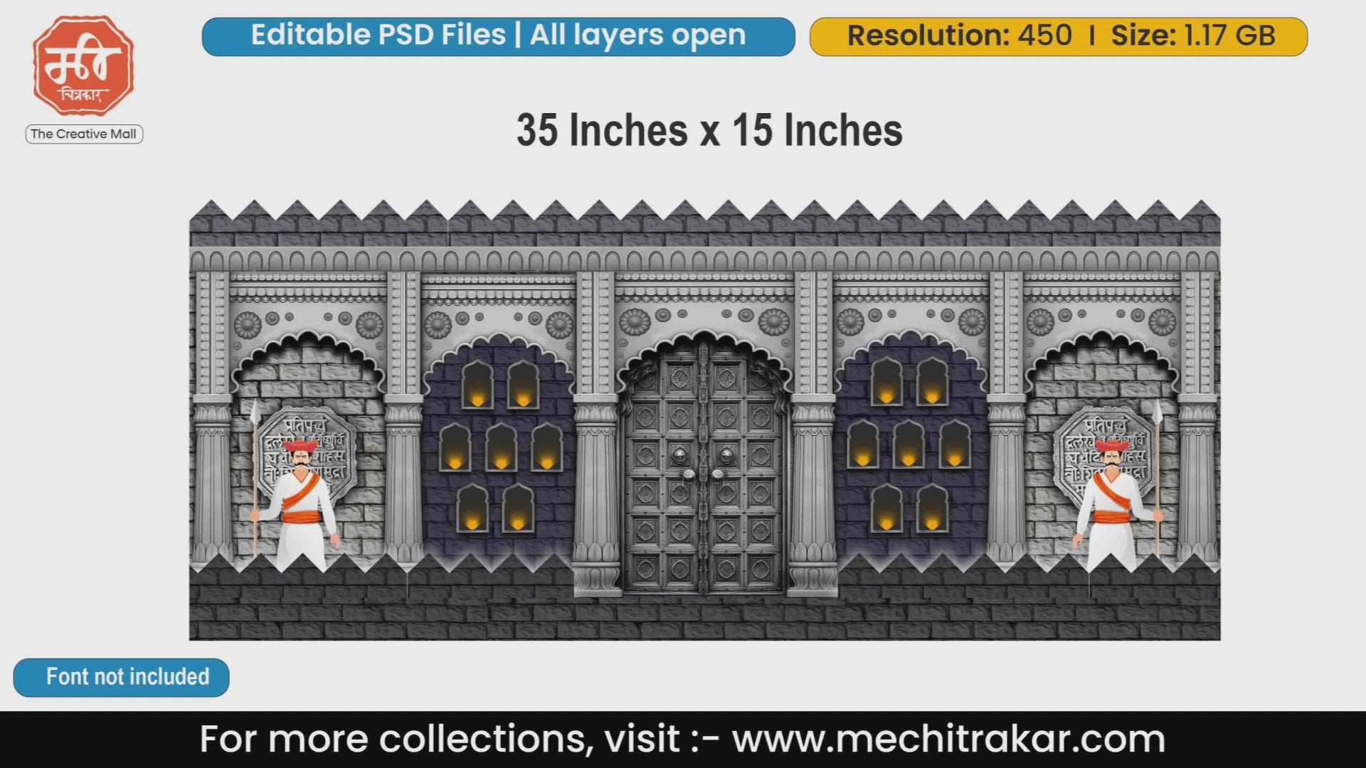 Intricately carved wooden doors within a stone archway, flanked by glowing diyas and traditional Mawale guards