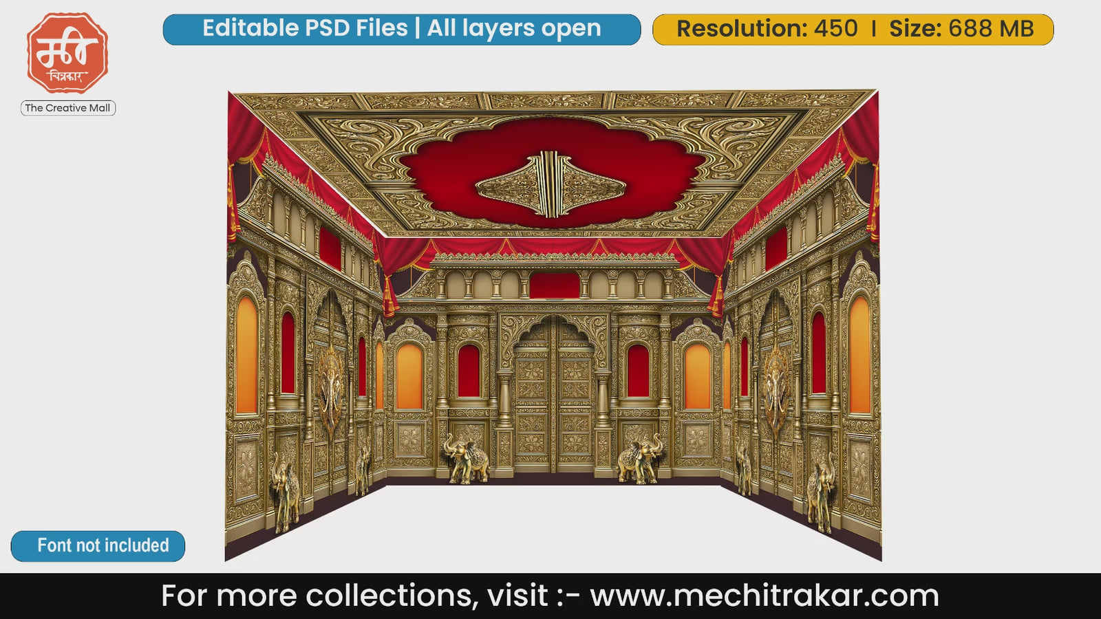 Grand golden temple entrance doors 4 Side Decoration editable psd template accompanied by majestic elephants.