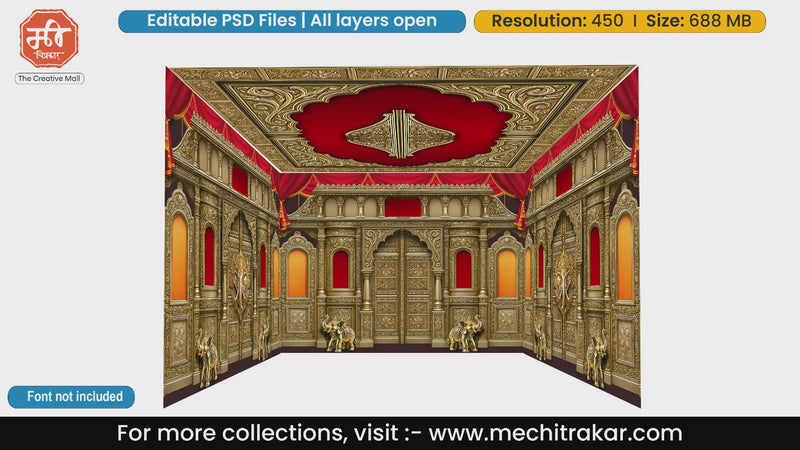Grand golden temple entrance doors 4 Side Decoration editable psd template accompanied by majestic elephants.