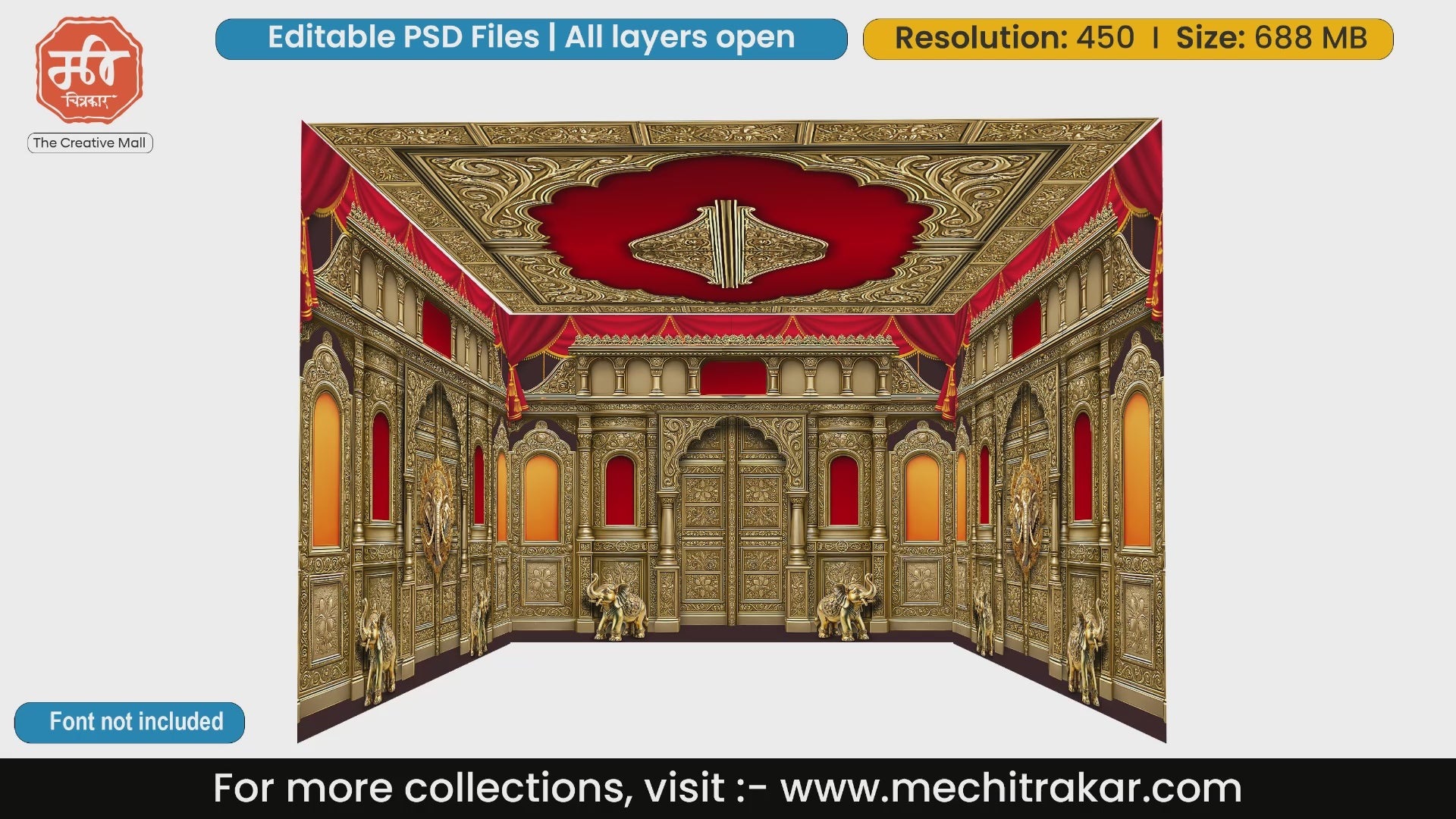 Grand golden temple entrance doors 4 Side Decoration editable psd template accompanied by majestic elephants.