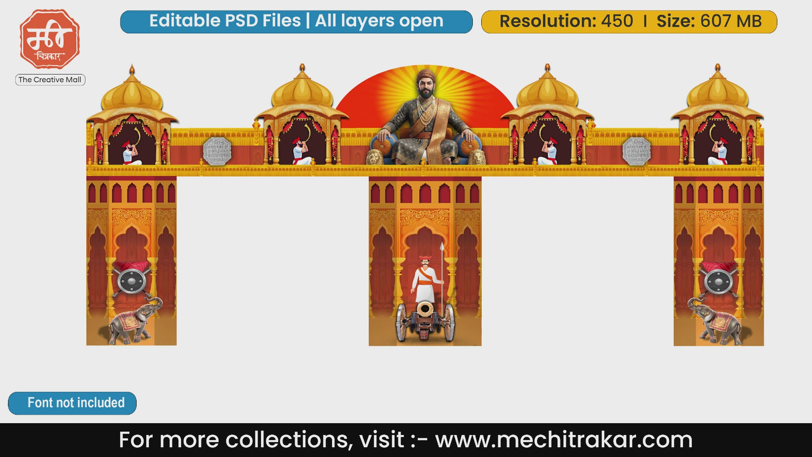 Royal golden Mahal entry gate PSD template with Chhatrapati Shivaji Maharaj, elephants, and domed structures.