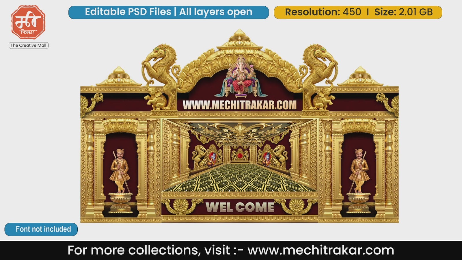 Golden Krishna Leela Yali Ganesha Mandap Editable PSD Template