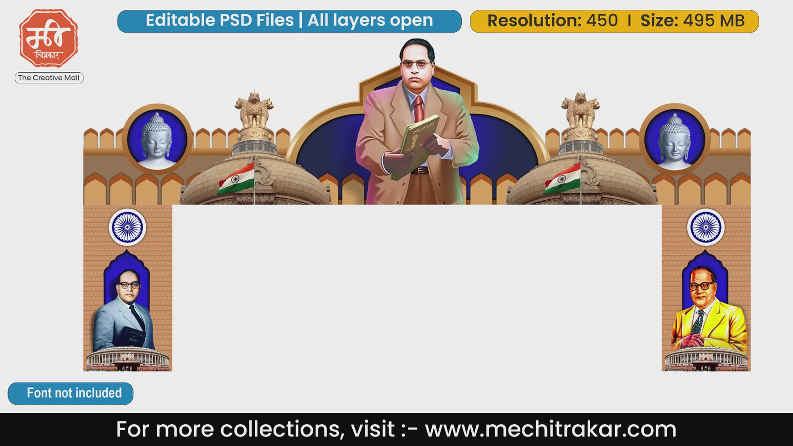Dr. Babasaheb Ambedkar with Indian flag and Lord Buddha portals entry gate editable PSD template.