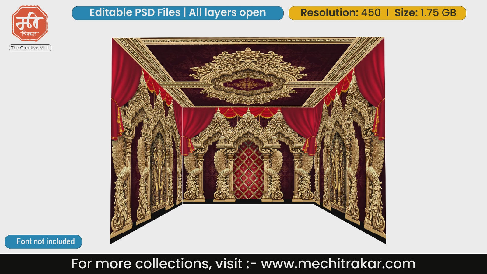 Luxurious red velvet and golden peacock 4 Side Decoration editable psd template for flex printing