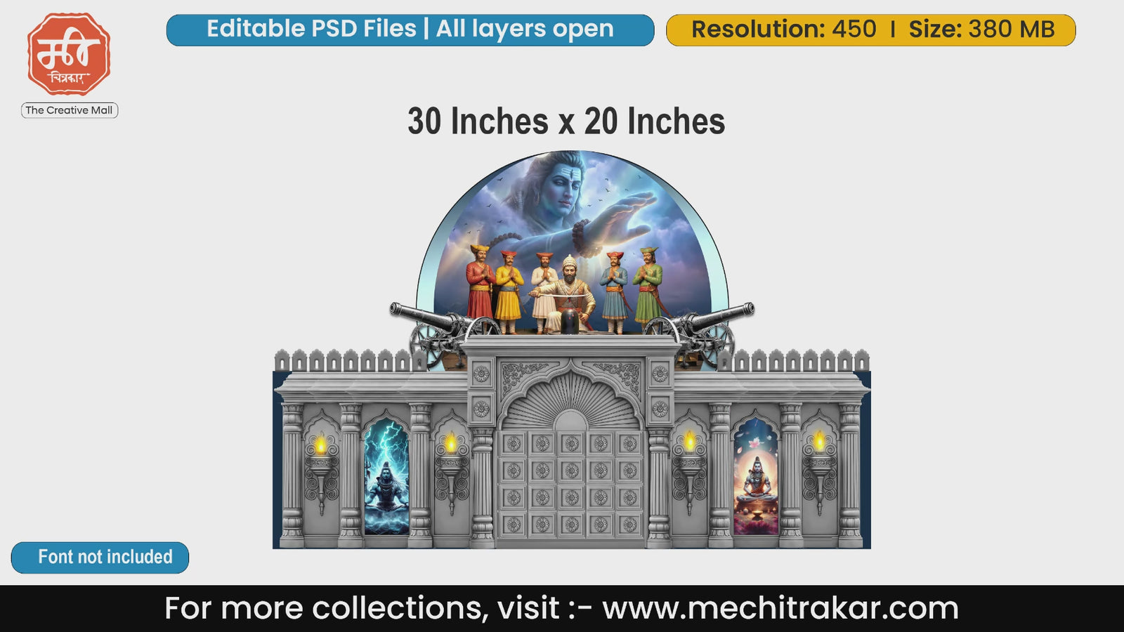 Mystical Lord Shiva blessing Chhatrapati Shivaji Maharaj and Sardars during Shivling worship banner editable PSD template with stone fort architecture.