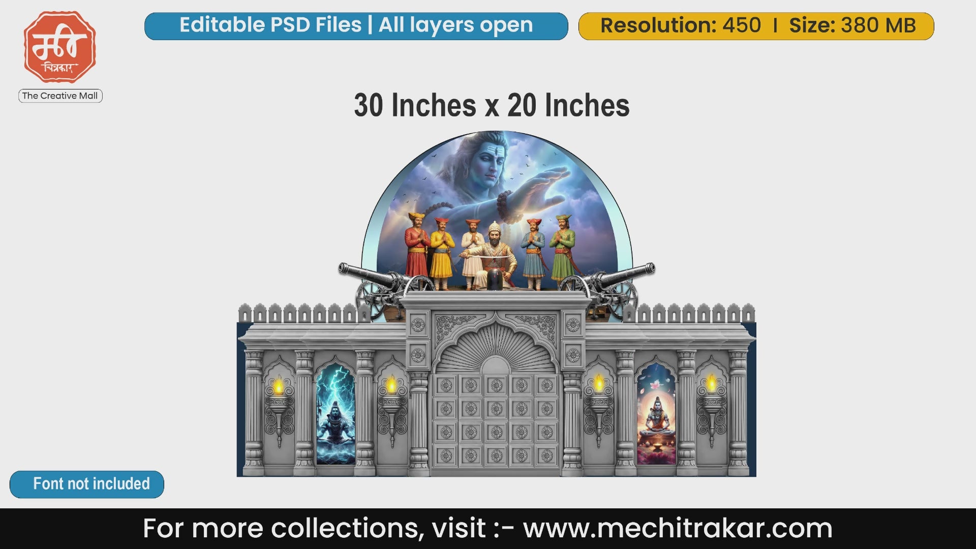 Mystical Lord Shiva blessing Chhatrapati Shivaji Maharaj and Sardars during Shivling worship banner editable PSD template with stone fort architecture.