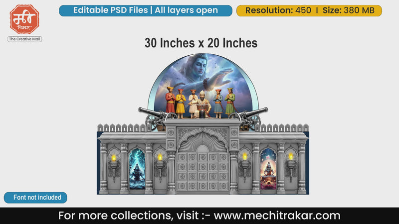 Mystical Lord Shiva blessing Chhatrapati Shivaji Maharaj and Sardars during Shivling worship banner editable PSD template with stone fort architecture.