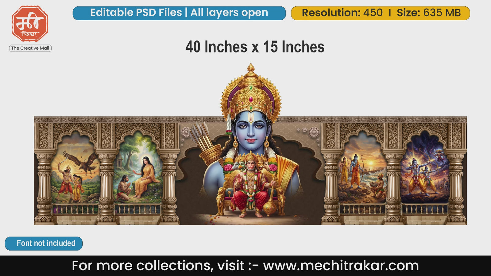 Lord Rama large face and Panchmukhi Hanuman with Ramayan scenes editable psd template for printing