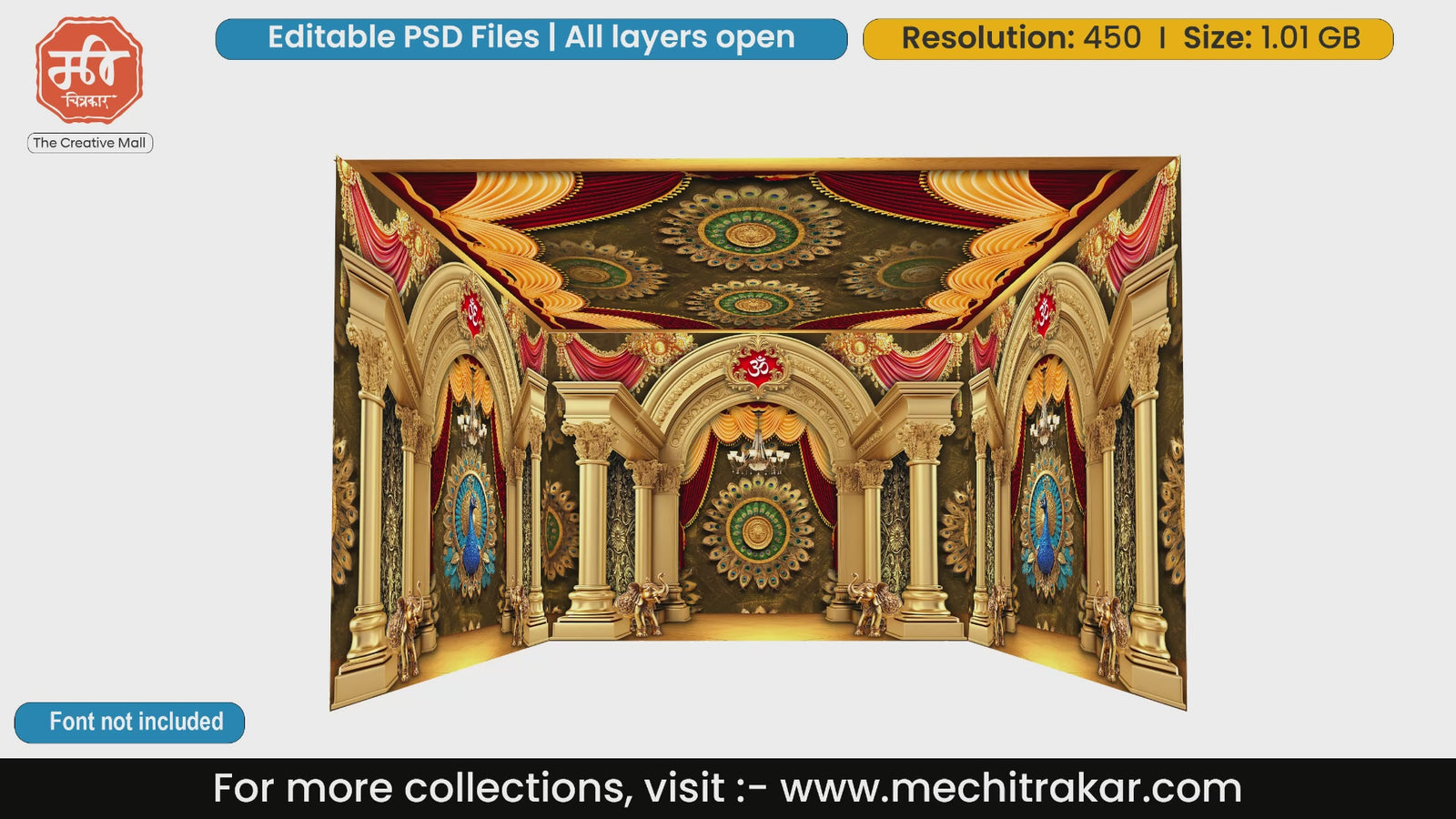 Golden peacock themed room 4 Side Decoration editable psd template for event setups